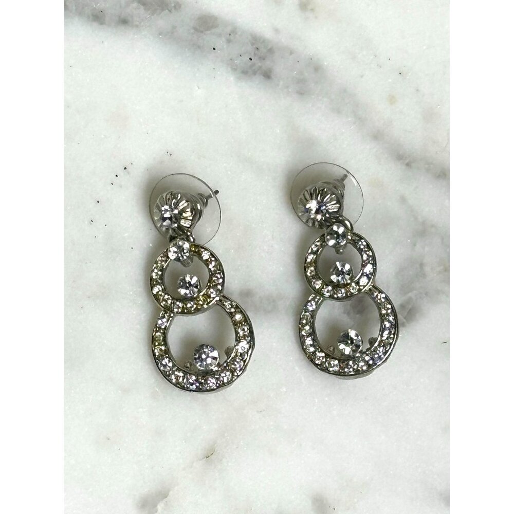 Silver Tone Rhinestone Drop Dangle Earrings Double Circle Halo Sparkly
